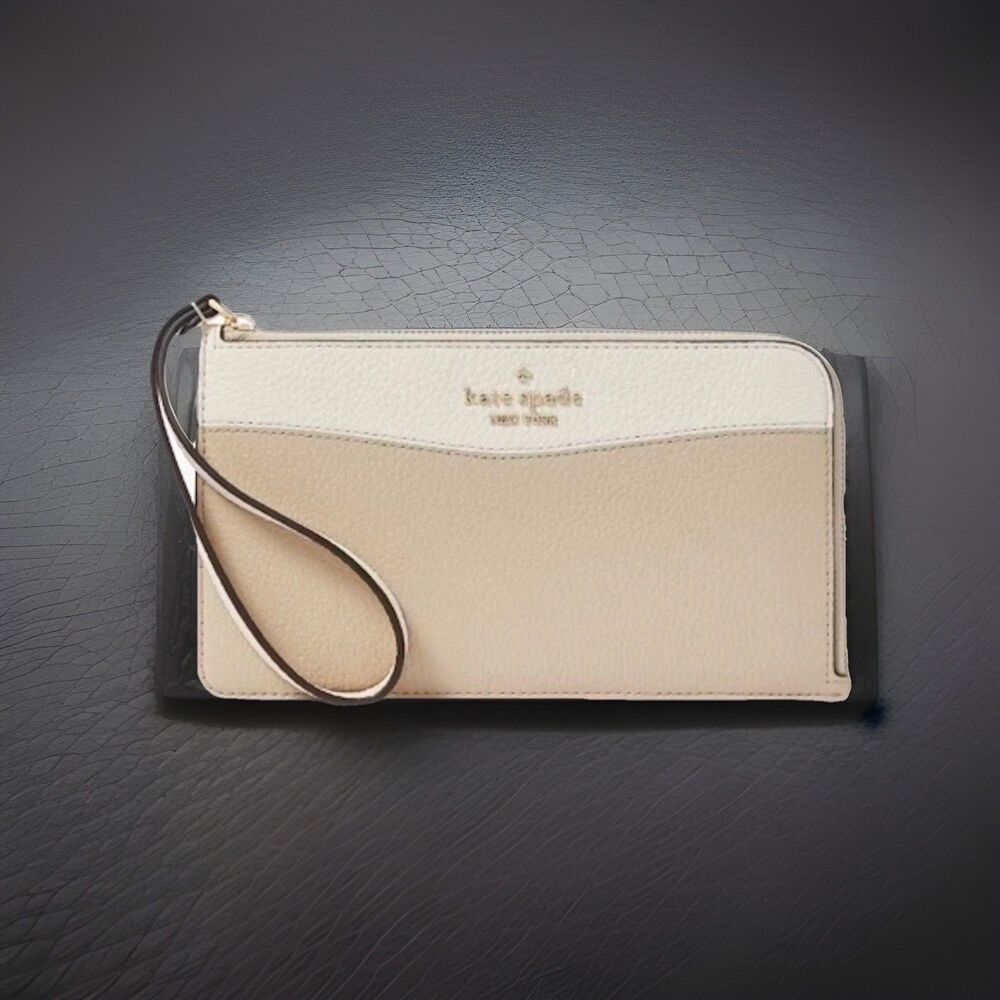 Kate Spade Lucy Medium L-Zip  Leather Wristlet Color Block Light Sand NWT